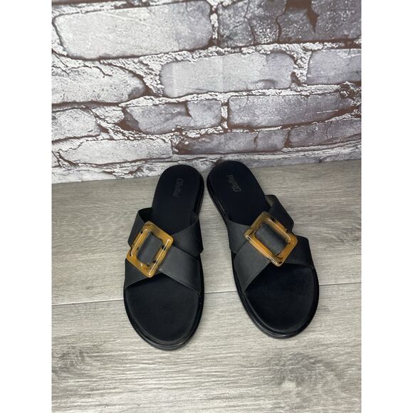 OluKai La'i Slide Black Leather Leopard Beach Sandals Women Sz 8M US/38EU - Picture 1 of 16